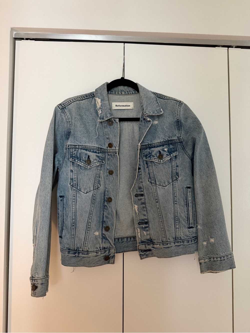 Reformation Light Wash Distressed Denim Jacket